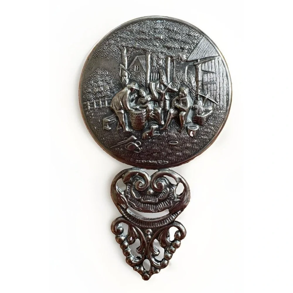 Vintage Hans Jensen of Denmark Pewter Hand Mirror Colonial Scene